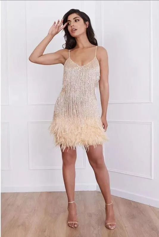 Luexco Women's Sequined Feather Tassel Mini Dress