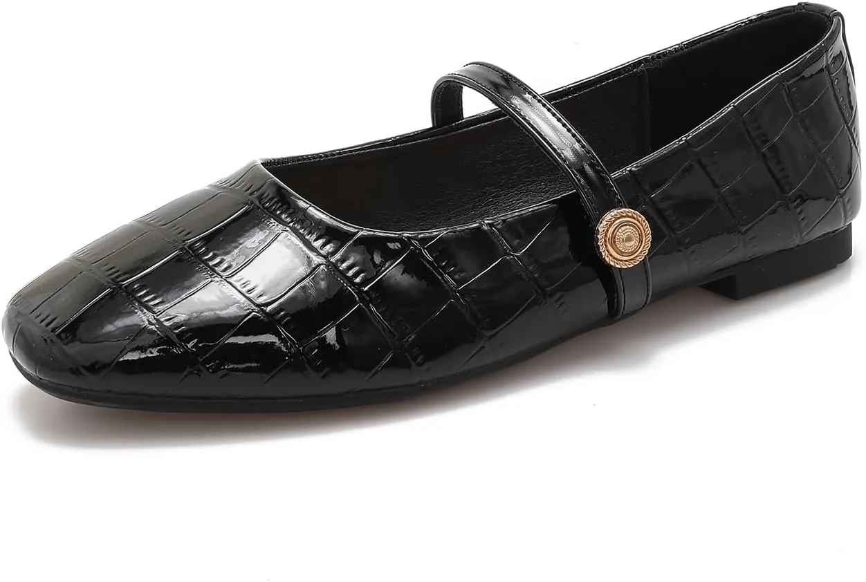Mary Jane Flats for Women Square Toe Ballet Flat with Crocodile Pattern Women's Dressy Patent Leather Slip-on Flat Shoes for Work Party Casual Walking Comfortable
