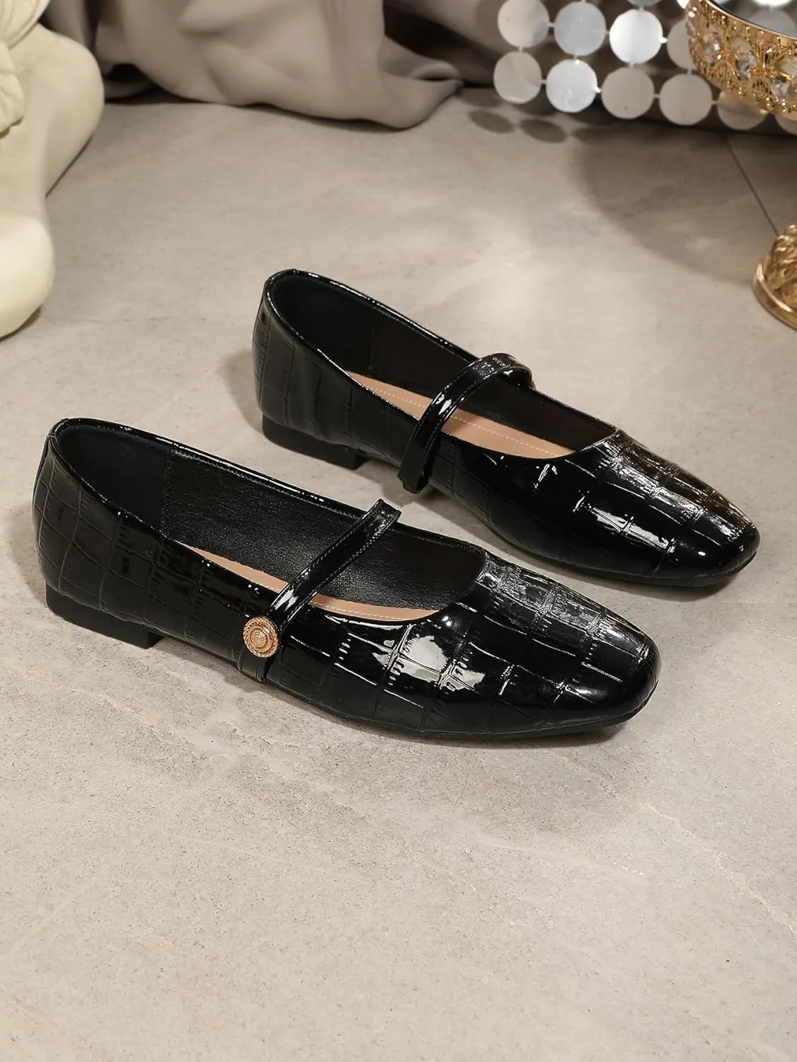 Mary Jane Flats for Women Square Toe Ballet Flat with Crocodile Pattern Women's Dressy Patent Leather Slip-on Flat Shoes for Work Party Casual Walking Comfortable