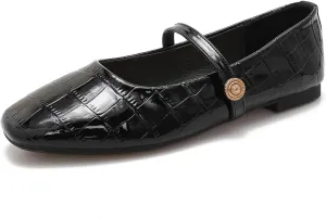Mary Jane Flats for Women Square Toe Ballet Flat with Crocodile Pattern Women's Dressy Patent Leather Slip-on Flat Shoes for Work Party Casual Walking Comfortable