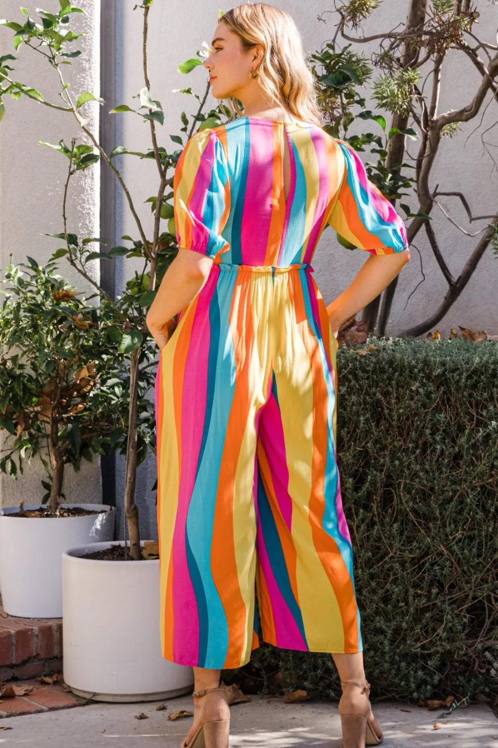 ODDI Striped Puff Sleeve Wide Leg Jumpsuit