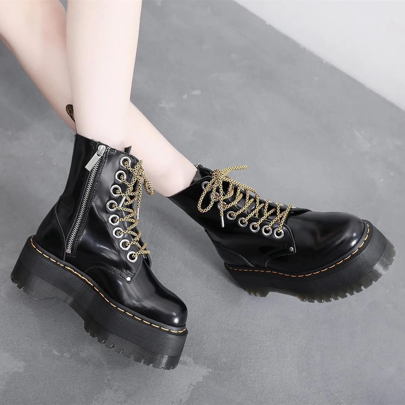 PEOPLETERRITORY 2025 thick-soled 8-hole locomotive boots, side zipper British women's short boots, versatile muffin bottom lace-up tooling boots