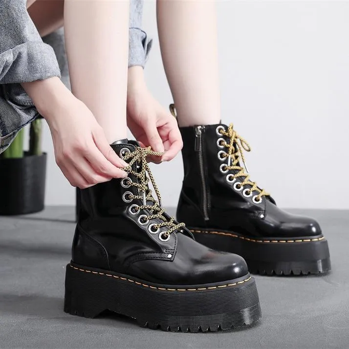 PEOPLETERRITORY 2025 thick-soled 8-hole locomotive boots, side zipper British women's short boots, versatile muffin bottom lace-up tooling boots