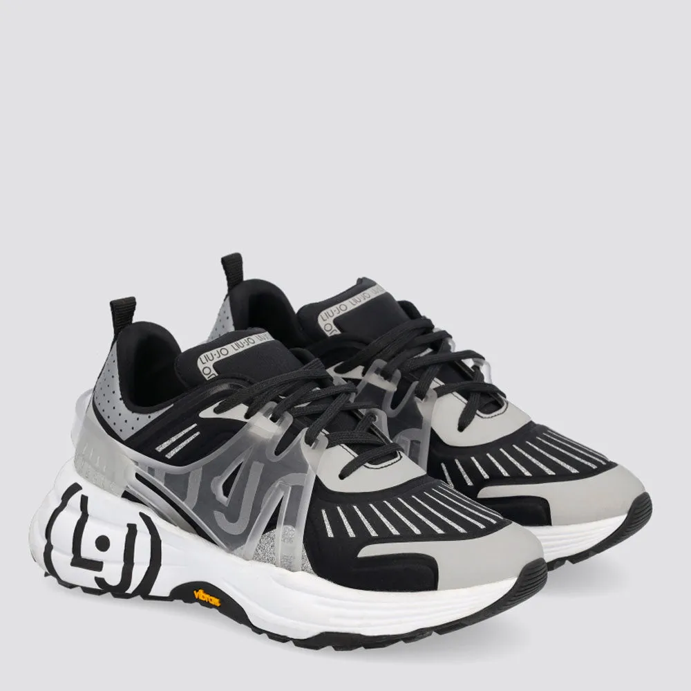Scarpe Donna LIU JO Sneakers Running in Lycra colore Bianco Nero e Argento