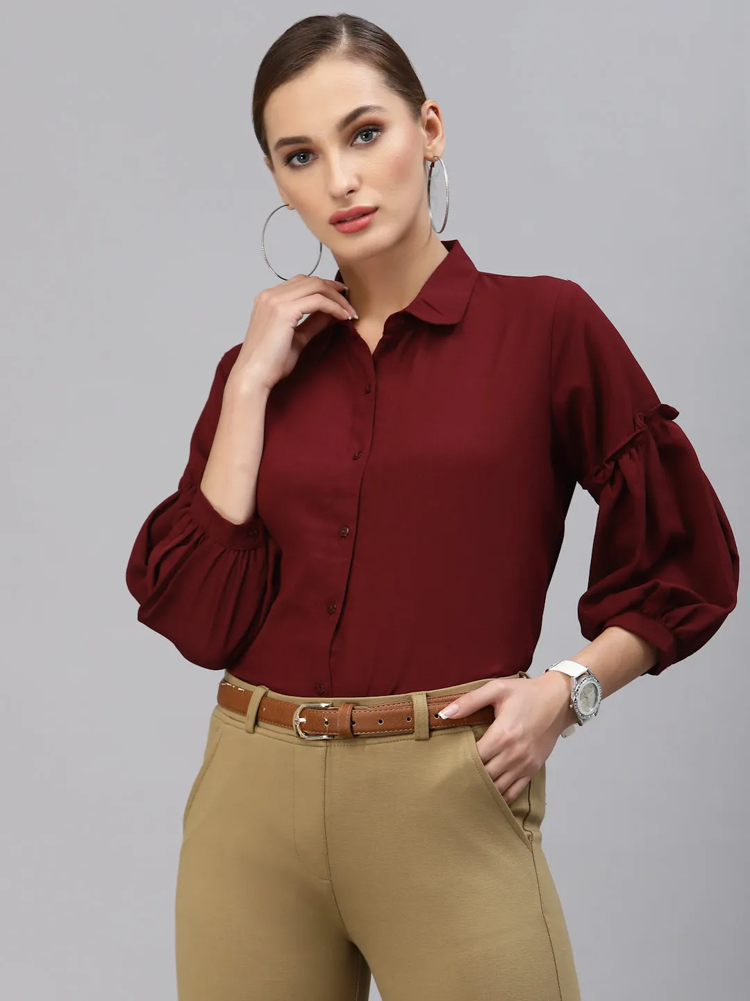 Style Quotient Women Solid Maroon Polymoss Regular Formal Shirt