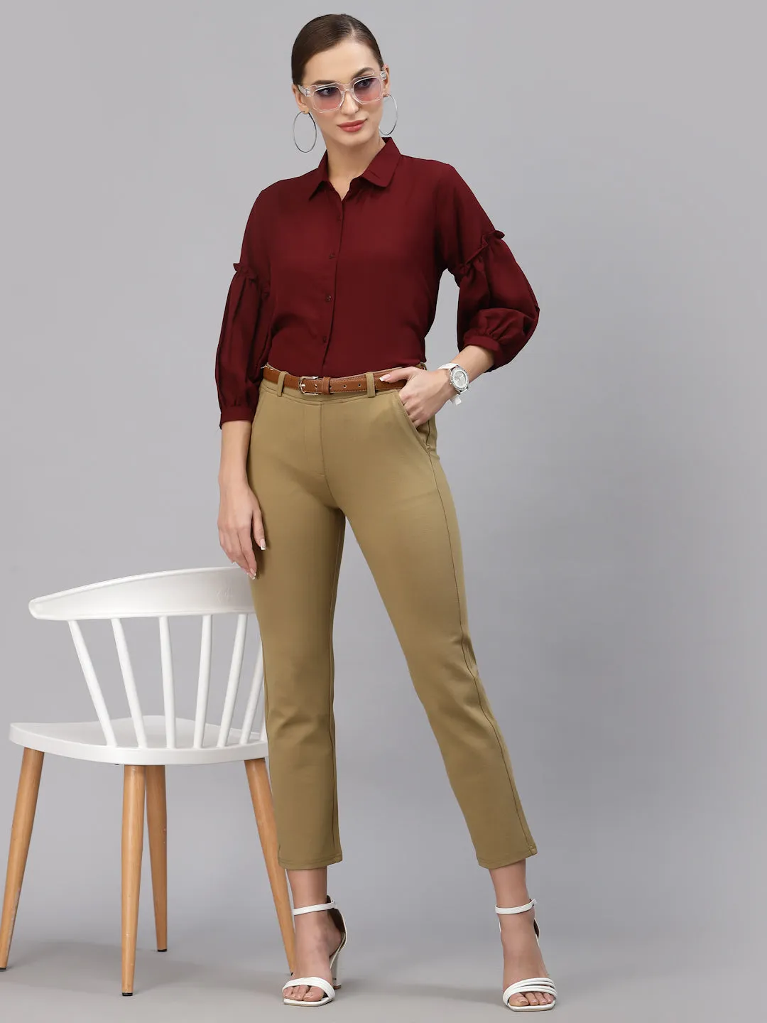 Style Quotient Women Solid Maroon Polymoss Regular Formal Shirt