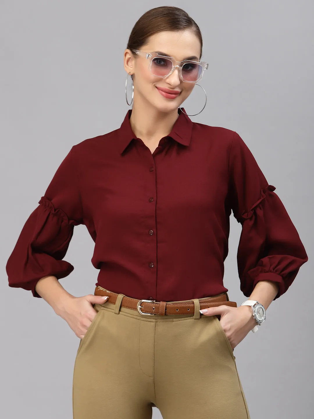 Style Quotient Women Solid Maroon Polymoss Regular Formal Shirt
