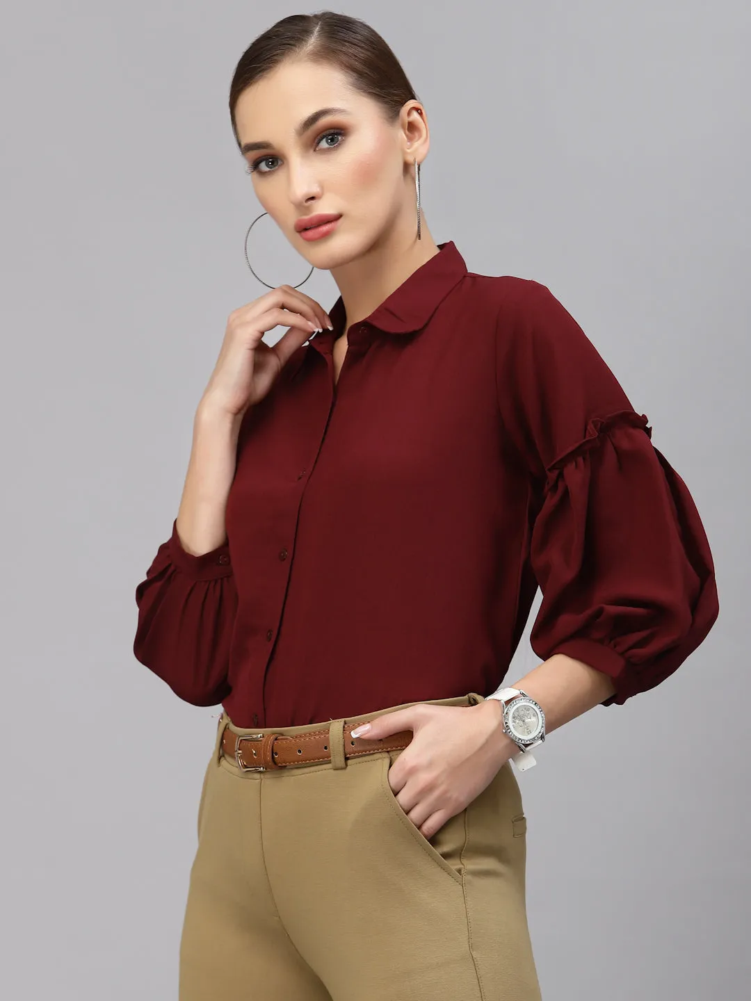 Style Quotient Women Solid Maroon Polymoss Regular Formal Shirt