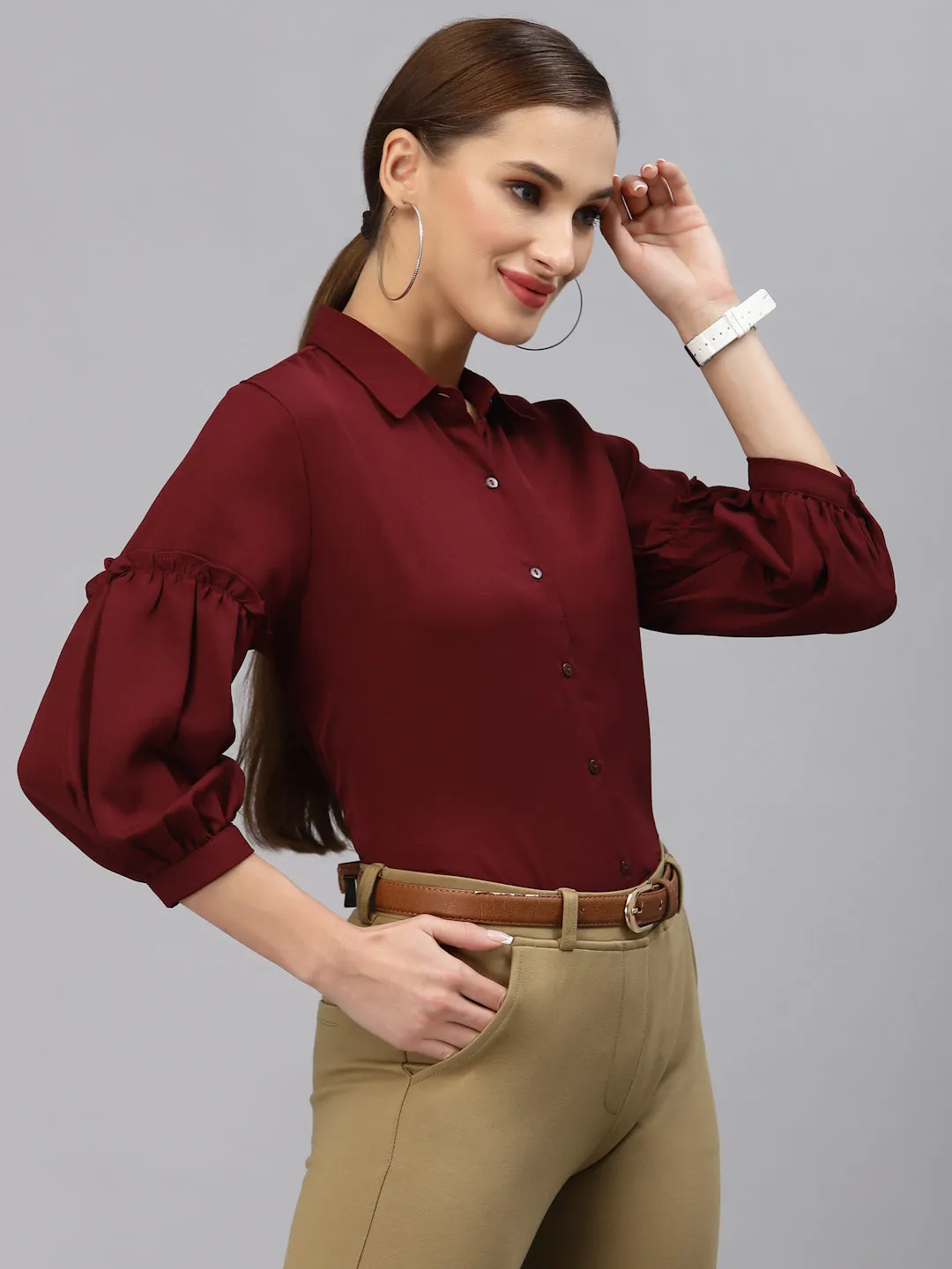 Style Quotient Women Solid Maroon Polymoss Regular Formal Shirt