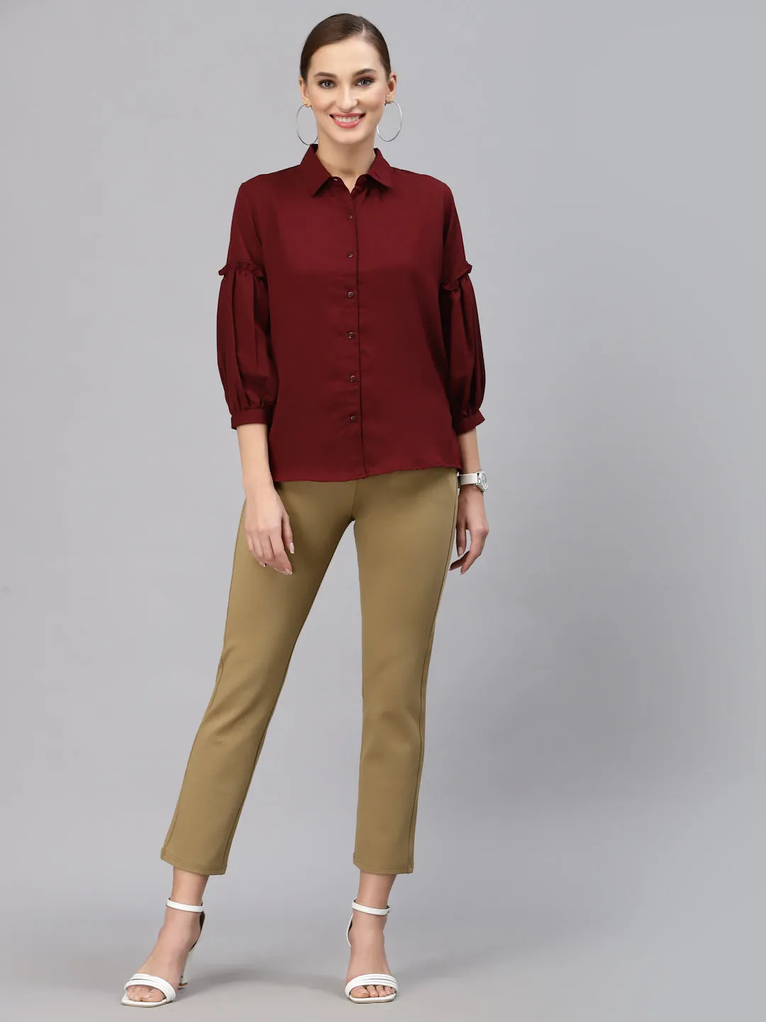 Style Quotient Women Solid Maroon Polymoss Regular Formal Shirt