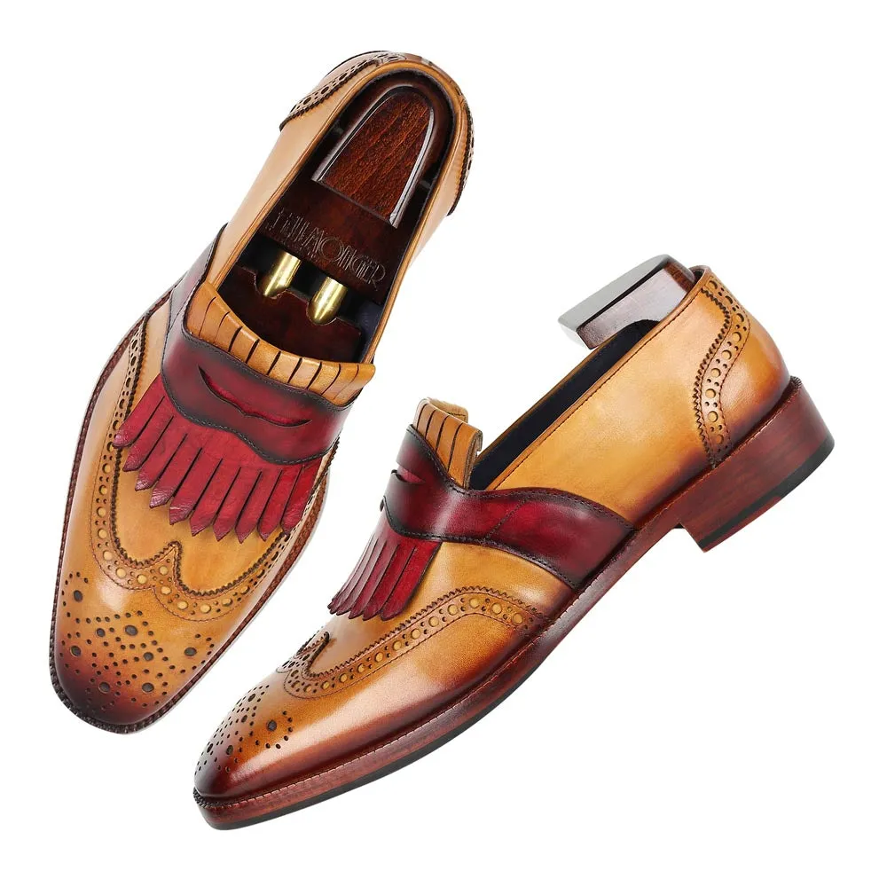 Tan Mirror Glossed Patina Loafers with Burgundy Pink Kiltie