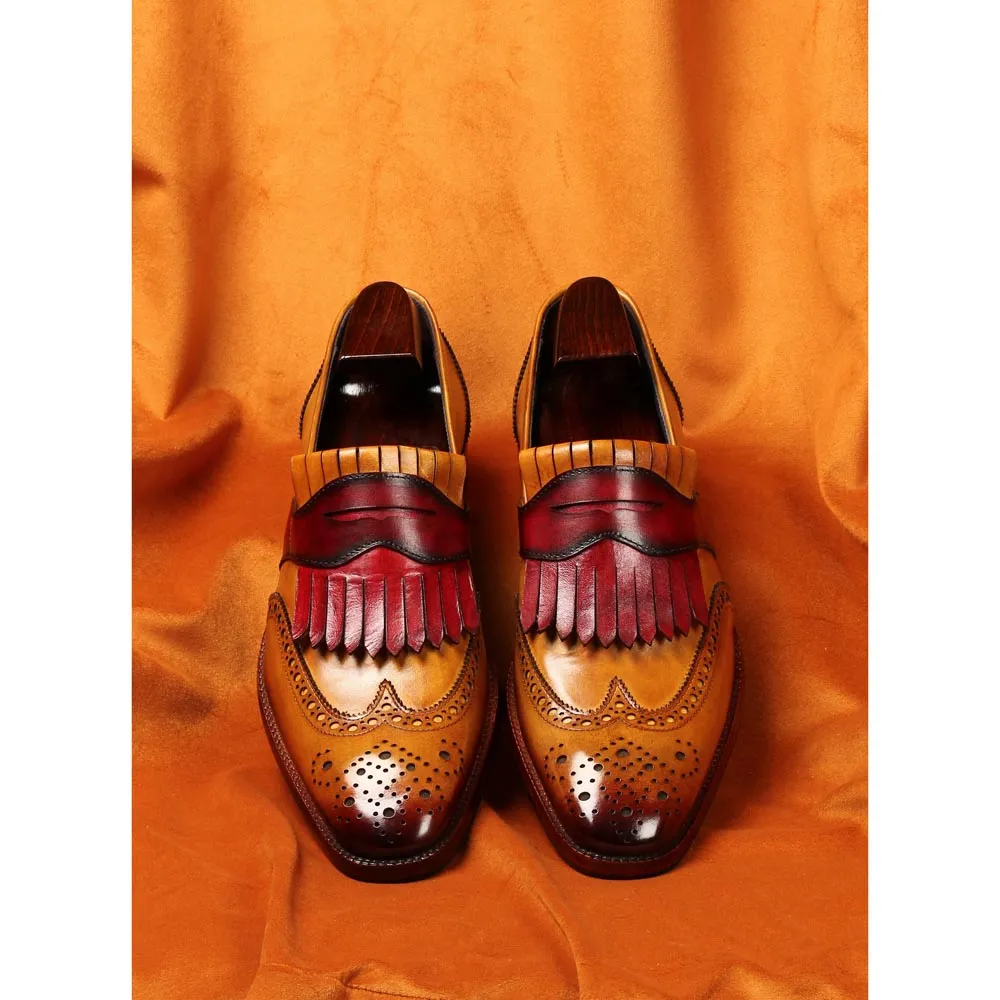 Tan Mirror Glossed Patina Loafers with Burgundy Pink Kiltie