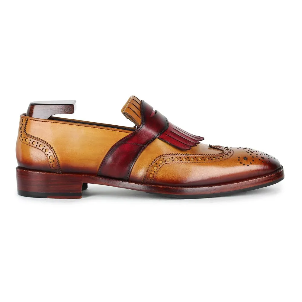 Tan Mirror Glossed Patina Loafers with Burgundy Pink Kiltie
