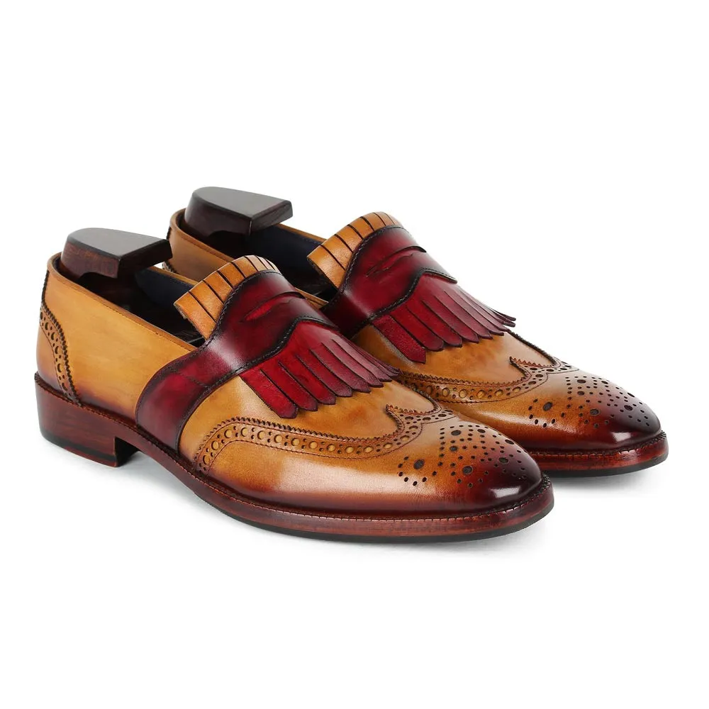 Tan Mirror Glossed Patina Loafers with Burgundy Pink Kiltie
