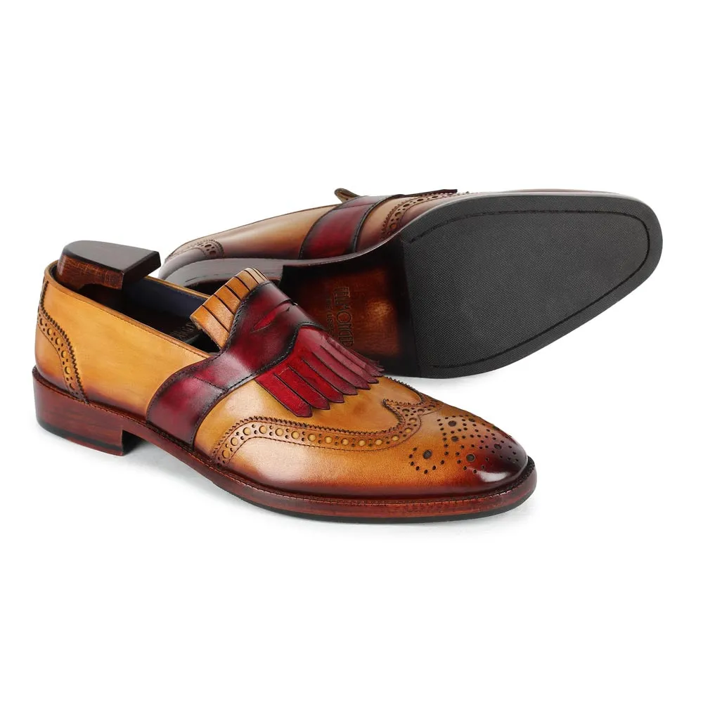 Tan Mirror Glossed Patina Loafers with Burgundy Pink Kiltie