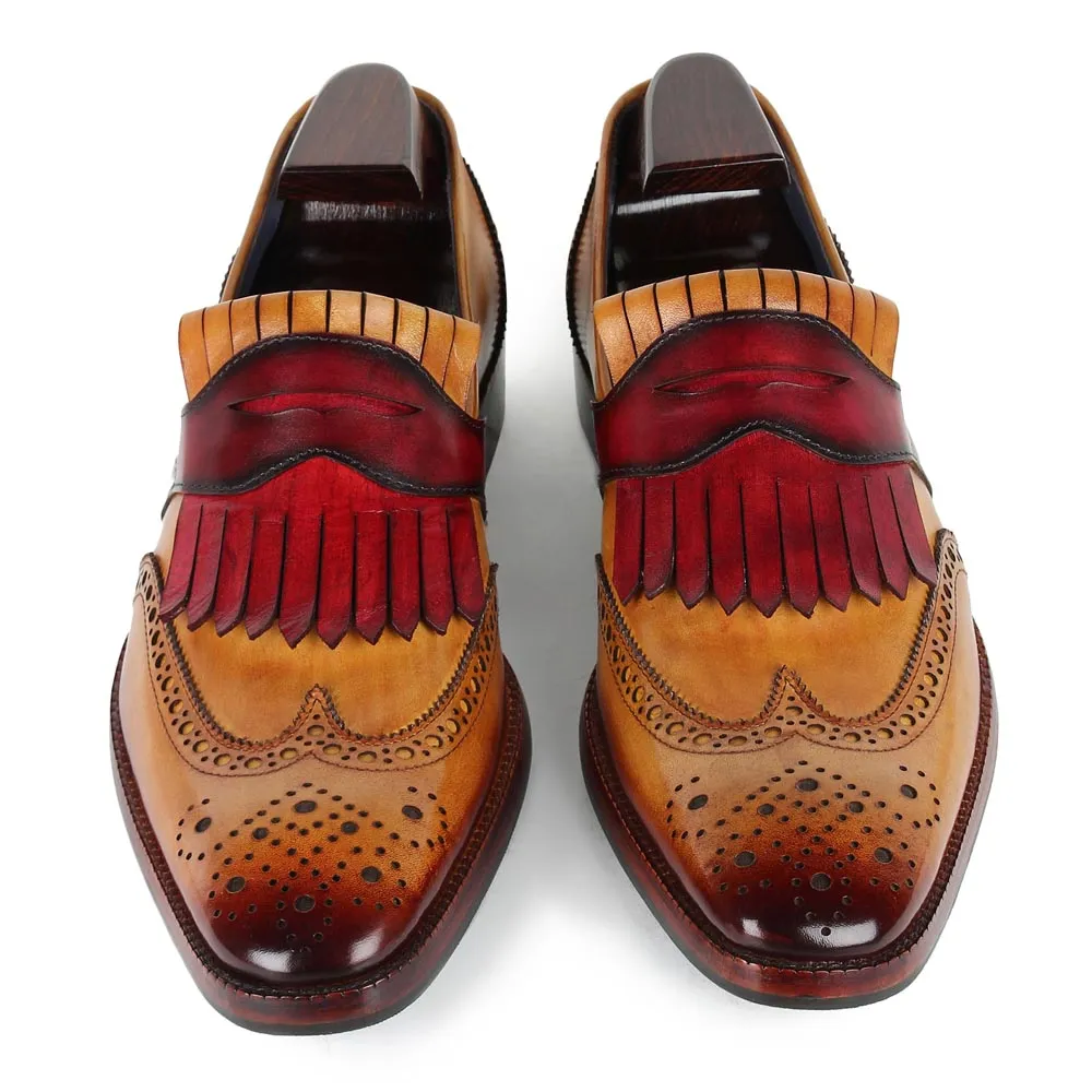 Tan Mirror Glossed Patina Loafers with Burgundy Pink Kiltie