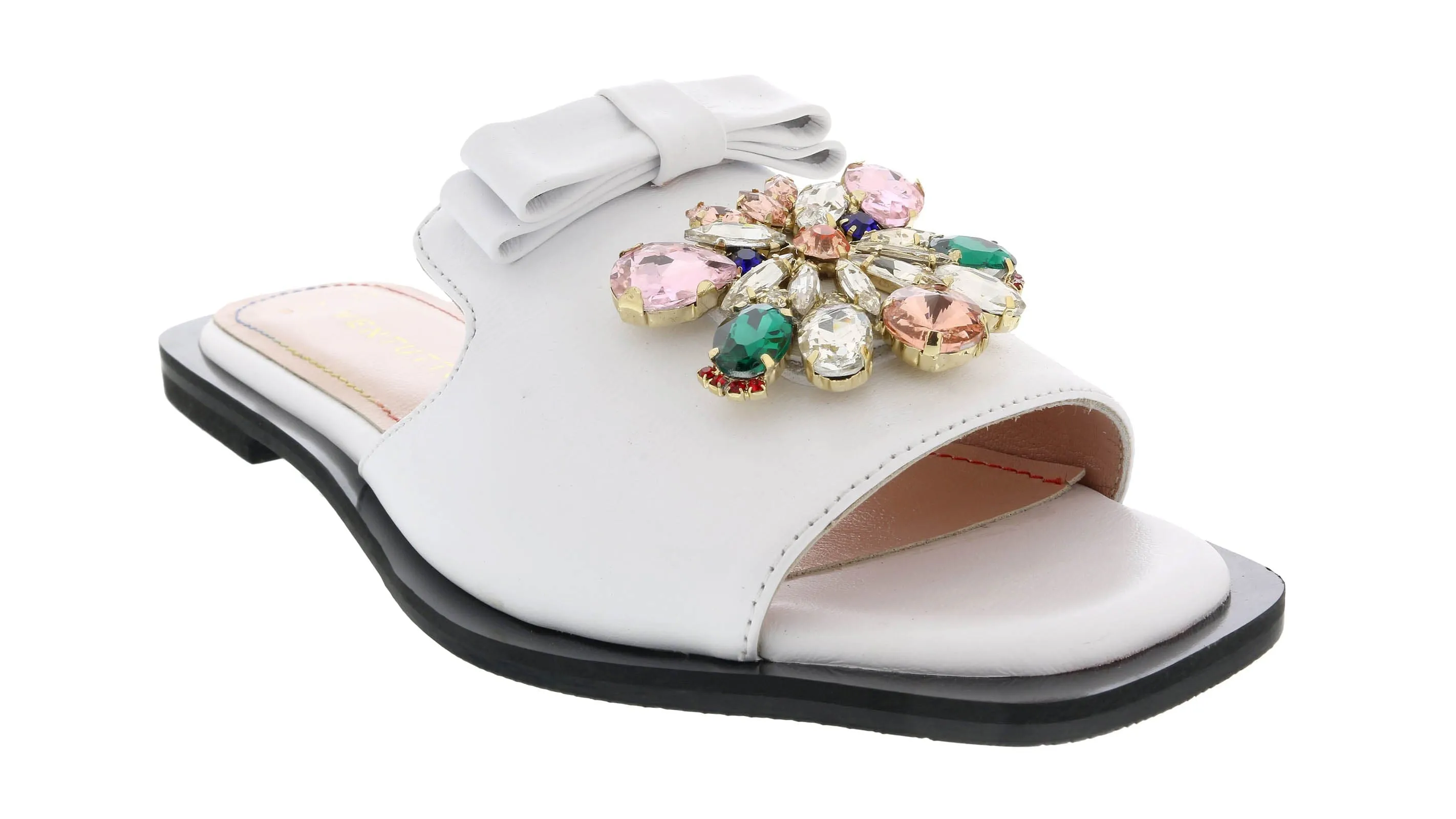 Ventutto White Crystal Embellished Bow Flat Leather Slide-