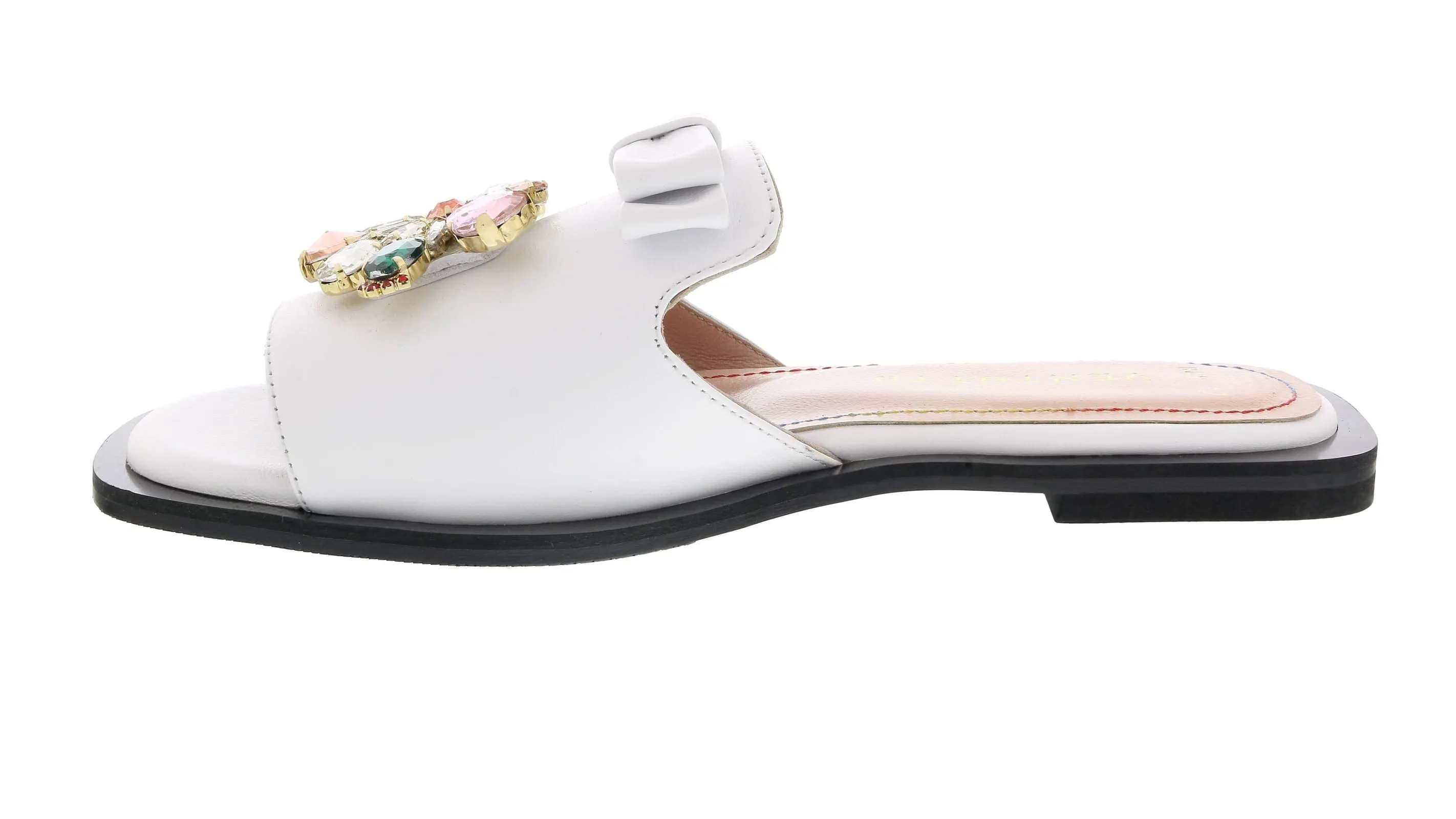 Ventutto White Crystal Embellished Bow Flat Leather Slide-