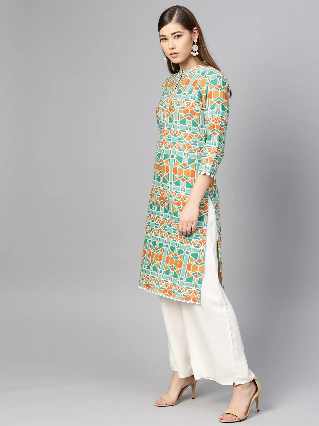 Women Green & Orange Straight Kurta