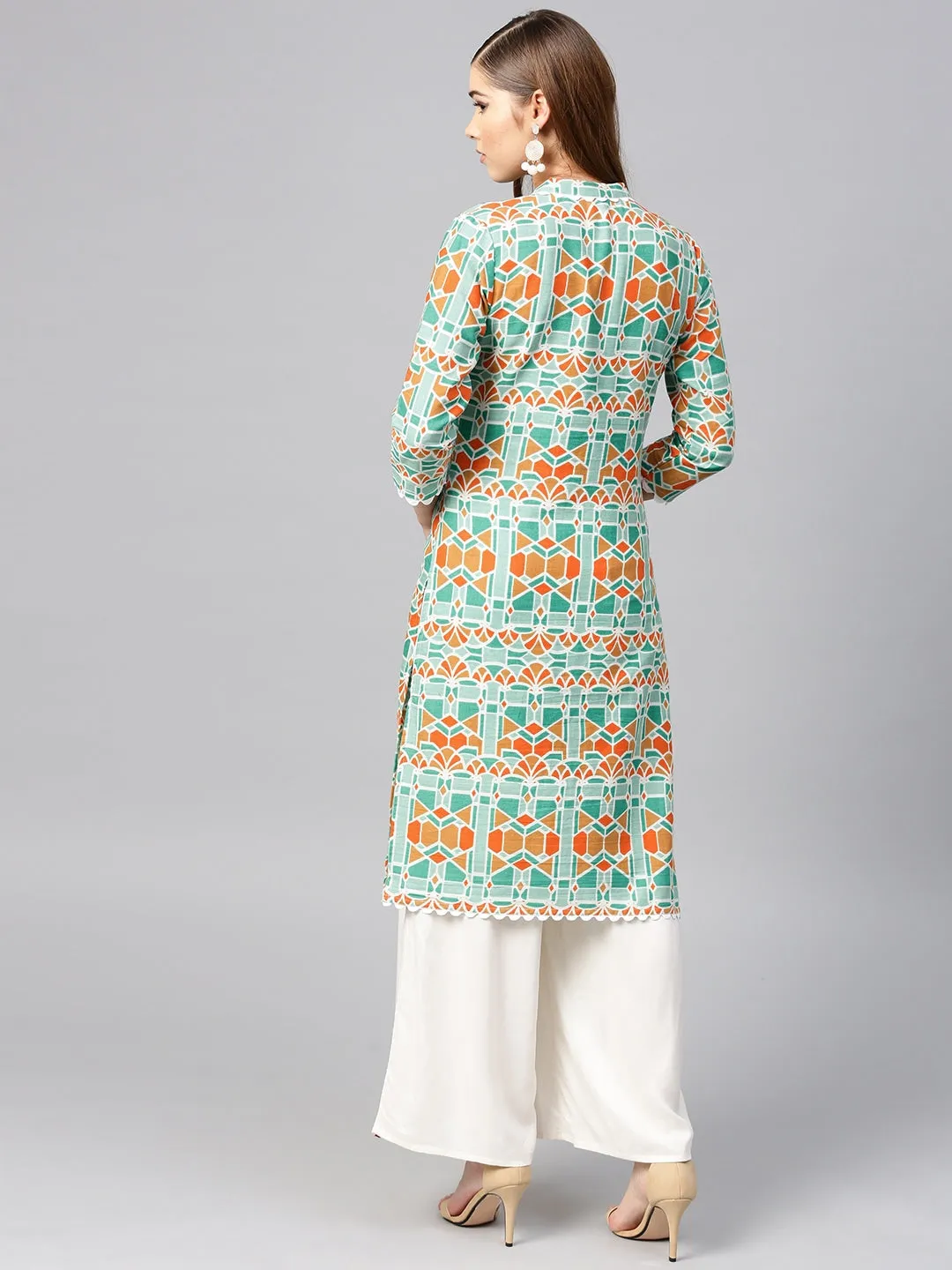 Women Green & Orange Straight Kurta
