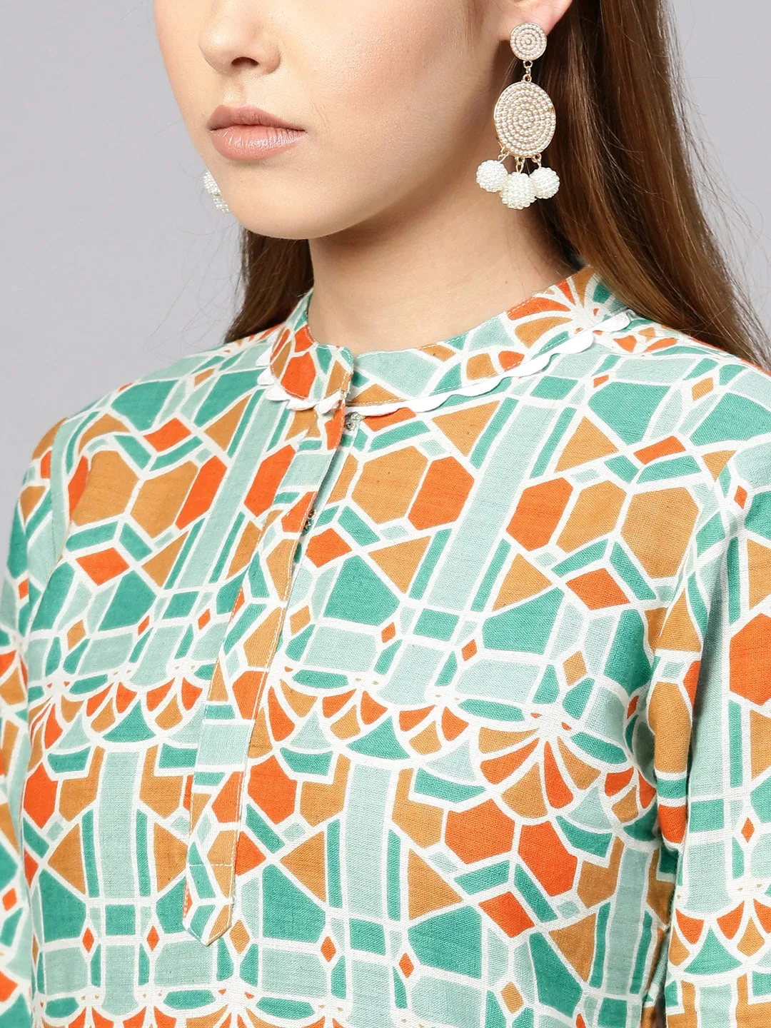 Women Green & Orange Straight Kurta