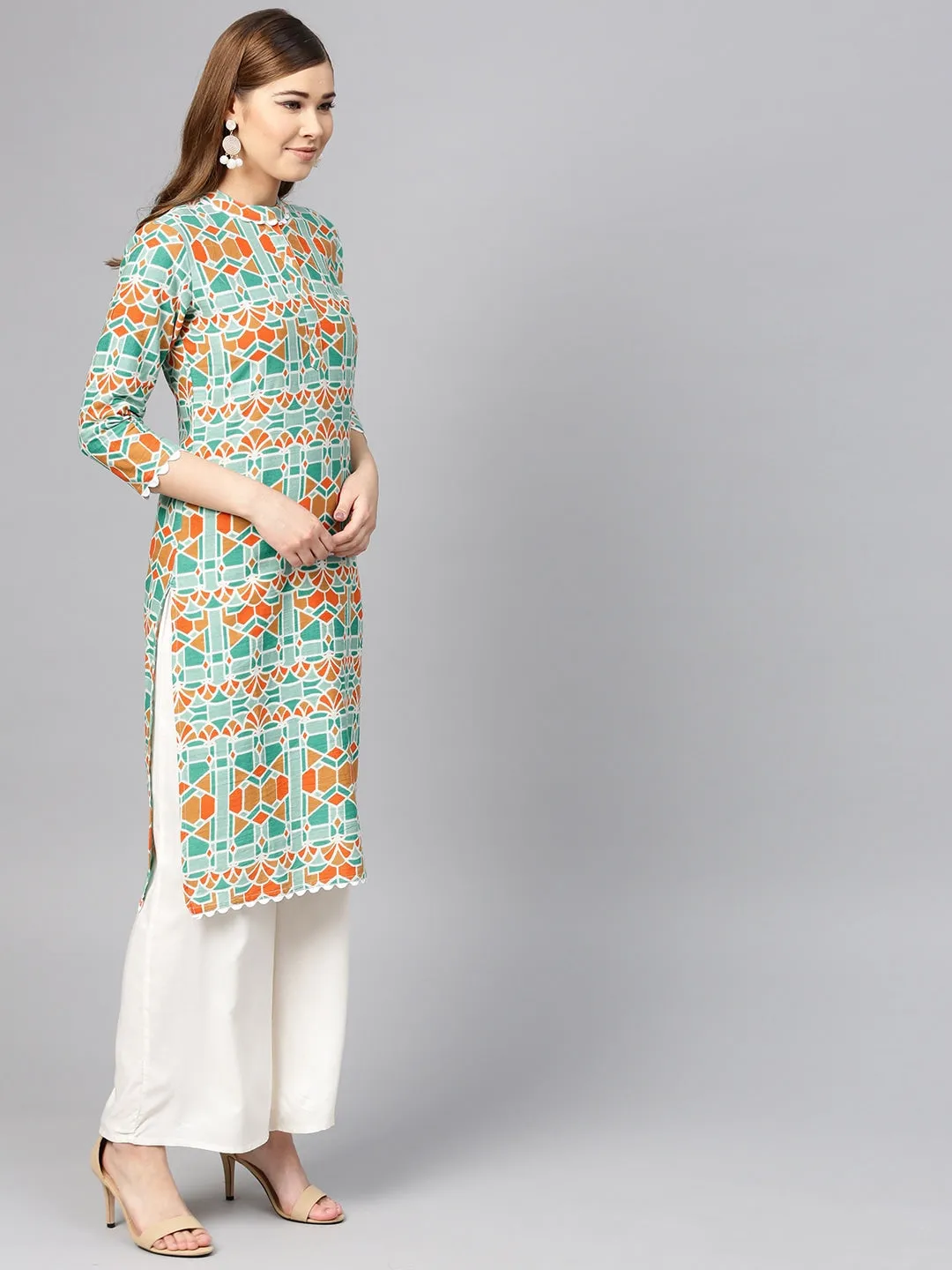 Women Green & Orange Straight Kurta