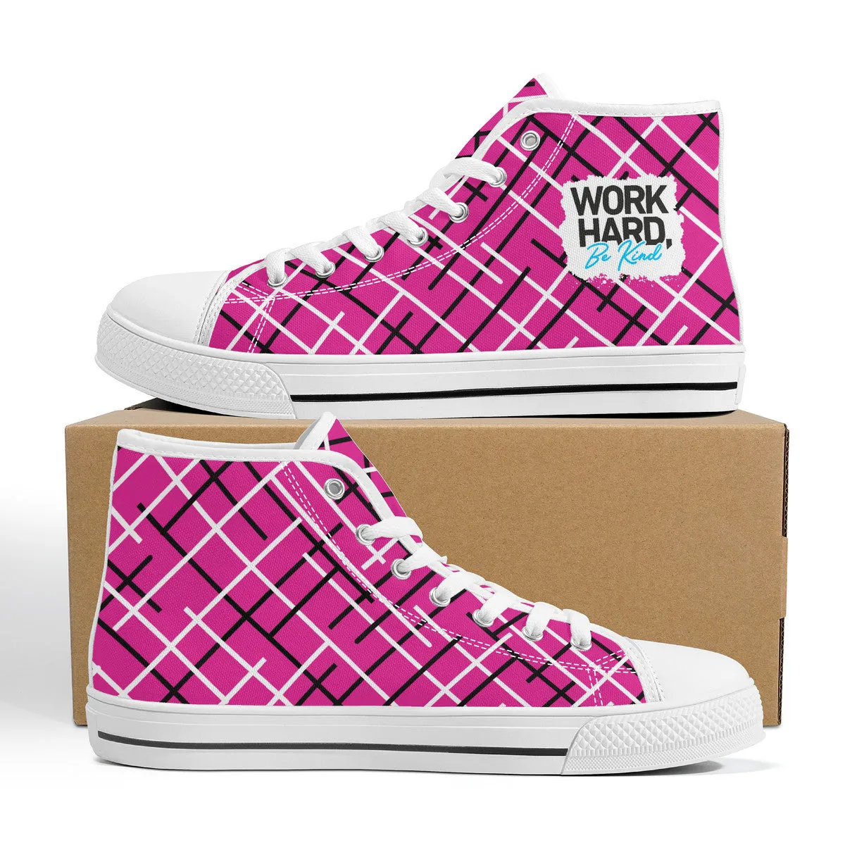 Work Hard Be Kind - Pink w/ Lines Converse Style High Tops